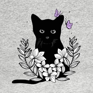 Black cat floral and butterflies T-Shirt